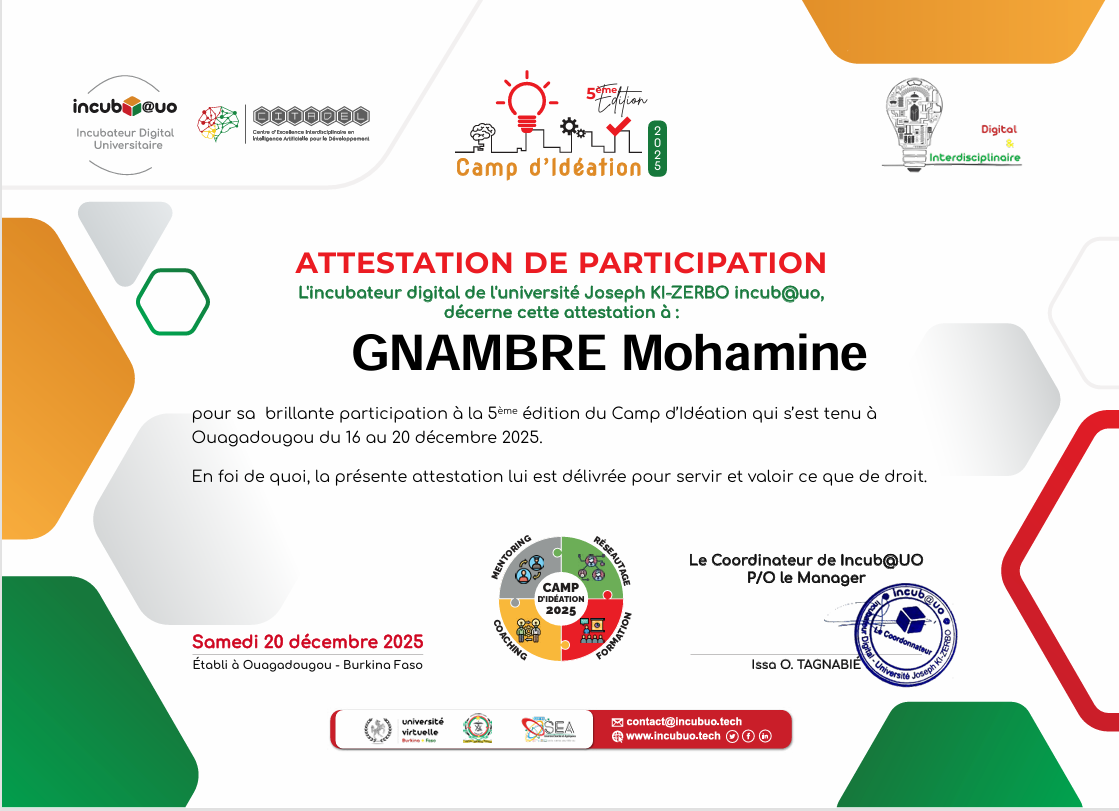 Attestation de participation, INCUBUO
